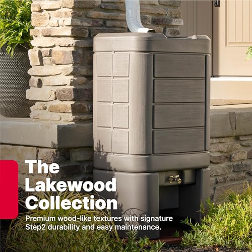 Image of Step2 Lakewood Rain Barrel with Stand, Outdoor Water Conservation Container, Holds 60 Gallons, Brown