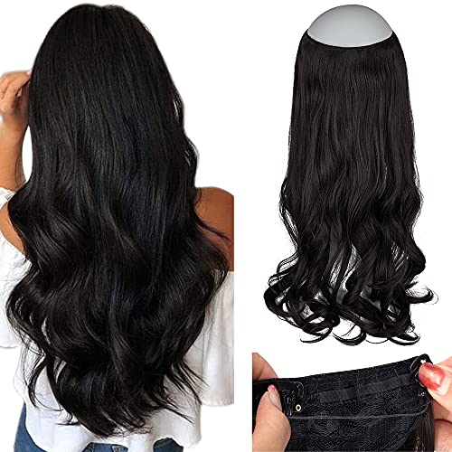 Invisible Wire Hair Extension Adjustable Secret Wire Headband Clips in Curly Wavy Long Synthetic Hairpiece for Women Heat Friendly Fiber 20Inch-2#（Natural Black）