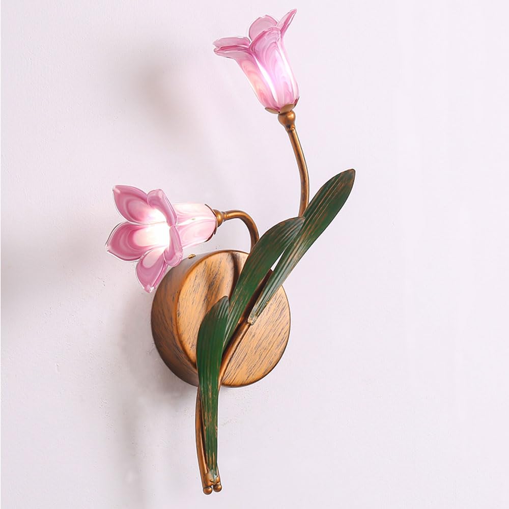 SXSCARKX Vintage Wall Sconces Modern Pink Glass Bedroom Light For Bedside Flower Corner Mounted Lamp Home Decoration Sconce Fixture Bathroom Living Room Hallway