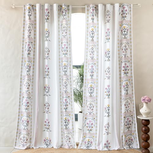 Image of Tranquebar Curtain Co. Cotton Curtains 7 Feet Long Set of 2, 60-65% Room Darkening, Pink Ethnic Curtains Floral Print, Door Curtains 7 Feet Set of 2, BackTabs, Sashi (213 cm) - Set of 2