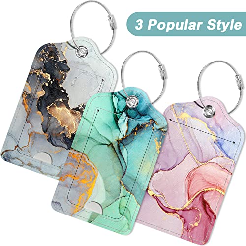 Rimilak 3 Pcs PU Leather Luggage Tags for Suitcase, Travel Cruise Luggage Tag with Privacy Flap, Name ID Label and Metal Loop for Women Men Baggage Handbag School Bag Backpack, Sunset Marble