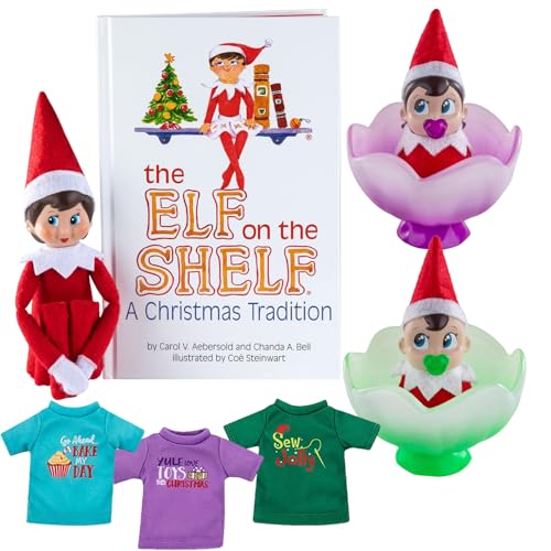 The Elf on the Shelf Bundle: Scout Elf Girl Light Tone, Boy + Girl Frost Pips Figures and Elf Mate T-Shirts (3pcs)