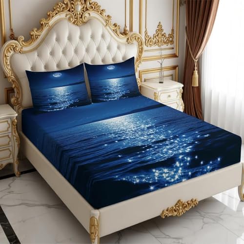 Latwerio Sábana Bajera 105x200 Infantil Mar Azul 3D Impresión Sabanas, Océano de Microfibra Suave y Cómoda Funda de Colchón Sábana con Elástico y Bolsillo Profundo 30 cm, Sabanas Cama 105, T794