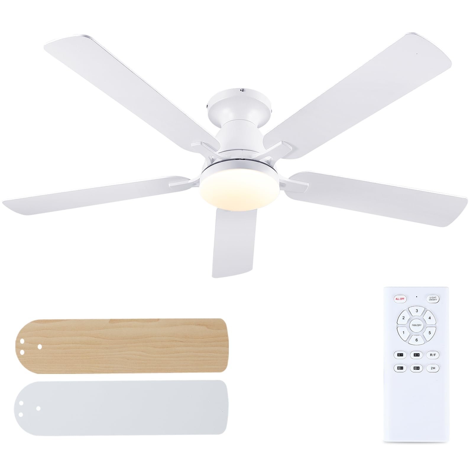 Photo 1 of ***MINOR SCRATCHES ON BLADES**** NSXQMUV 52 Inch Ceiling Fans with Lights and Remote, Modern White Low Profile Ceiling fan with light for Bedroom Indoor/Outdoor, Flush Mount, Reversible Quiet DC Motor, Dimmable LED, Wooden Blades