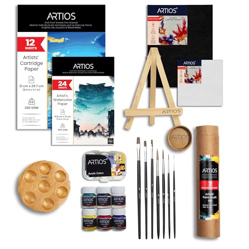 Image of ARTIOS Painting Kit for Artists - 53 Pcs Painting Set for Adults and Kids with Professional Paint Brush Set, Paints, Easel, Mixed Media Papers, Watercolor Papers, Canvas Boards, and Wooden Palette