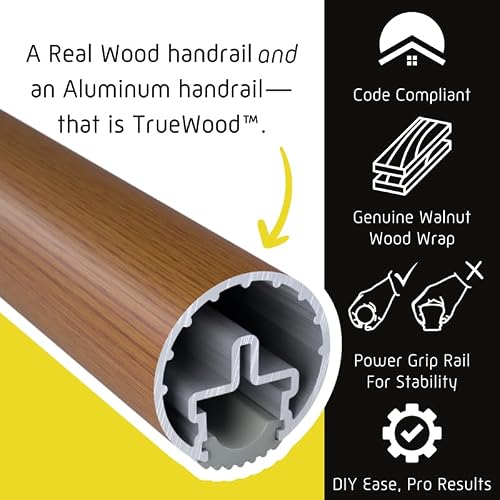 Promenaid 16ft Flush Handrail Kit - Walnut - Complete Indoor Handrail for Stairs - 1.6" Round Genuine Wood Wrapped Aluminum Core Railing with 5 Brass Painted Pivoting Wall Brackets & Flush Endcaps - Thumbnail 3