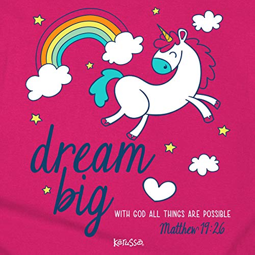 Image of Kerusso Dream Big with God All Things are Possible Unicorn Rainbow Pink Cotton Kids' Crew Neck T-Shirt