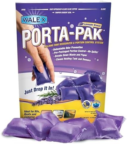 Walex Porta-Pak Black Holding Tank Deodorizer & Portion Control System Drop-Ins - Rapid Breakdown of Waste & Paper,Odor Prevention,Cleans Tank-& Sensors - Lavender Breeze,10 Count (Pack of 12) Lavender Breeze 10 Count (Pack of 12)