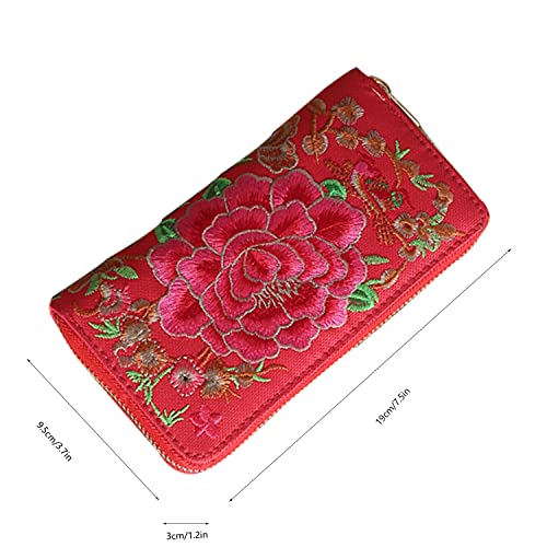 Women's Wallet Ethnic Style Coin Purse Clutch Bag Multifunctional Wallet Large Capacity Card Bag Travel with Long Wallet (Red)2