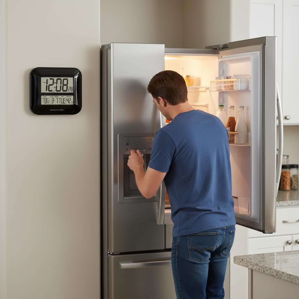 Westclox Reloj de pared digital grande negro con indicador de fecha y temperatura