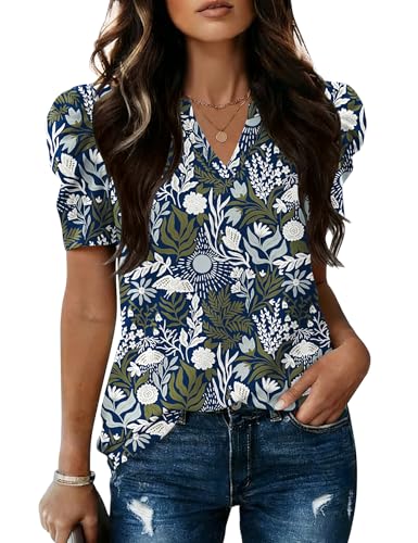 Image of LOMON Spring Summer Tops for Women 2026 V Neck Puff Short Sleeve Tops Fashion Trendy Work Blouses Dressy Casual S-XXL