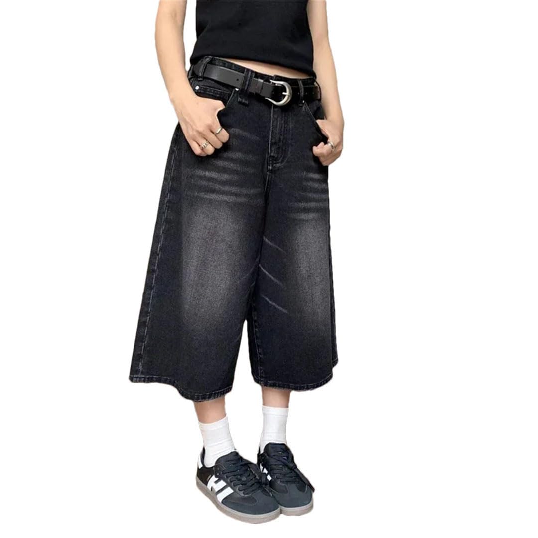 Damskie szorty dżinsowe z wysokim stanem retro sprane na co dzień luźny krój streetwear średnie długie krótkie, Czarny, S
