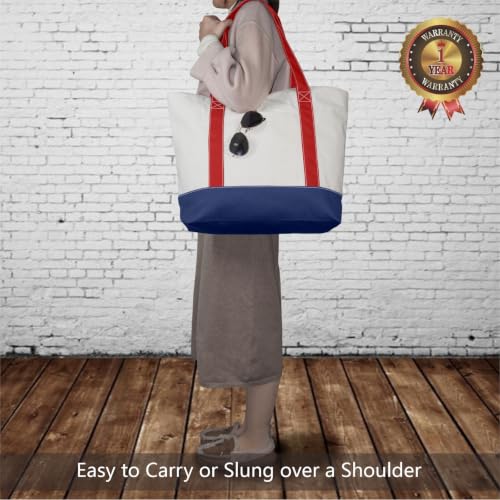 Image of TOPDesign 1-Pack Canvas Tote Bag with an External Pocket, Reusable Grocery Shopping Bag, Top Zipper Closure, Daily Essentials (Red /Blue /Natural)