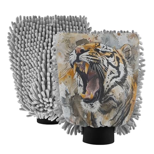 ALAZA Howling Tiger Watercolour Car Wash Mitt Scratch Free, 2 Pack Absorbent Microfiber/Chenille Washing & Drying Mitts, M