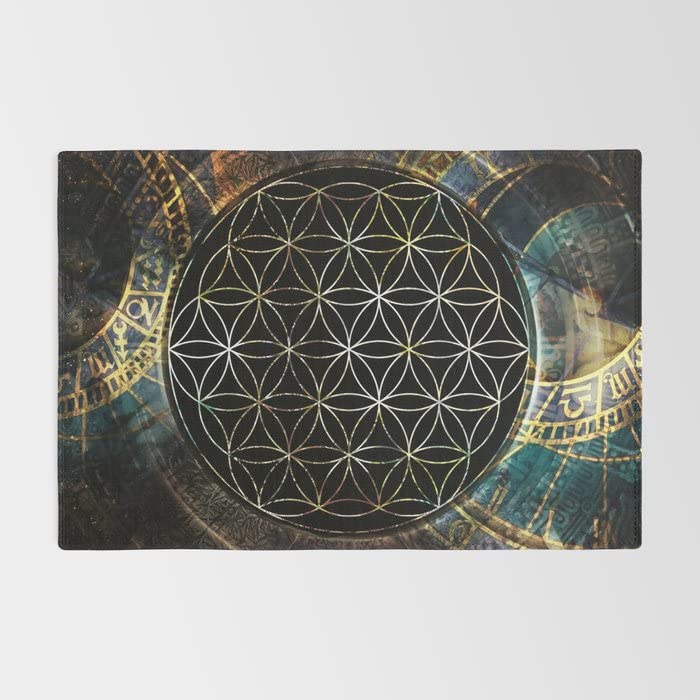 Sacred Geometry Area Rug Flower of Life Rug Spiritual Rug Black Floor Rug 4x6 5x7 8x10 9x12 Large Rugs Sacred Geometry Decor Zodiac Rug Gold (Standard Area Rug, 5