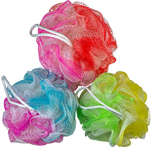 DecorRack Loofah Bath Sponges, Mesh Pouf Bath Body Shower Scrubber, Bath and Shower Loofah Sponge, Individually Packaged, Random Colors (Pack of 3)