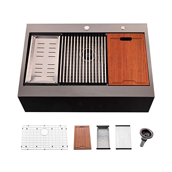 33 Inch Black Workstation Farmhouse Drop In Kitchen Sink- 33 inch Black Stainless Steel Drop In Apron Front Farmhouse Sink Workstation Kitchen Sink Single Bowl 16 Gauge Stainless Steel Farm Sink