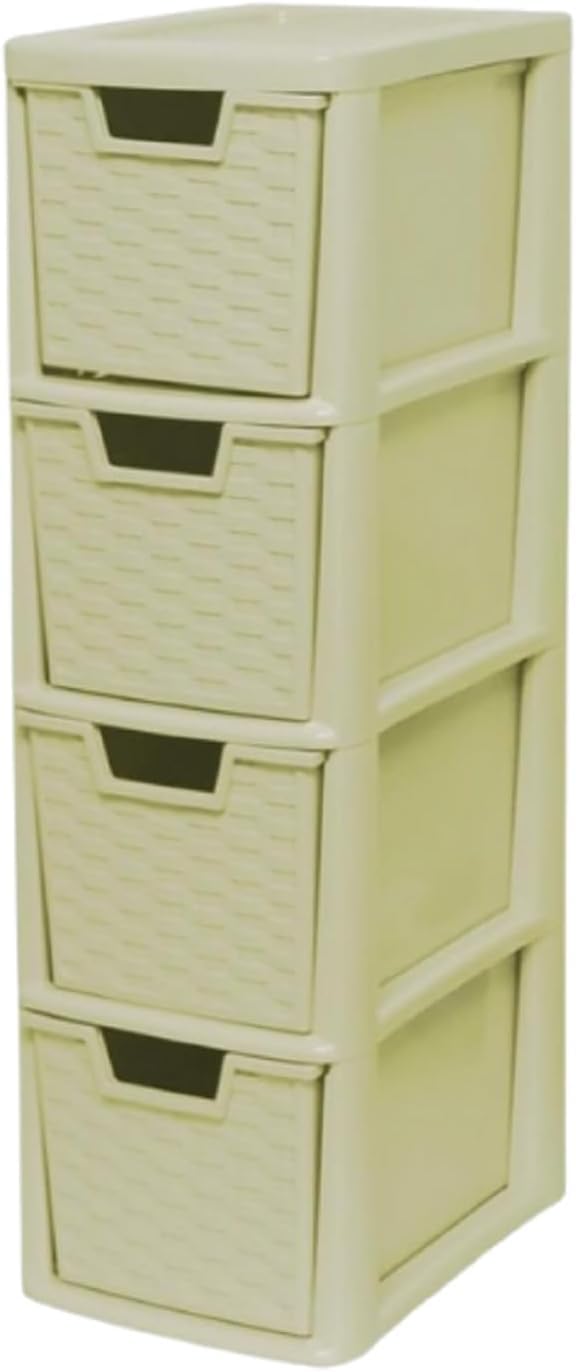 KYY'Z - 4 Tier Medium Plastic Storage Drawer Unit - Rattan Effect Tower Cream - Stackable & Stylish Cabinet with Deep Pull-Out Drawers - Space-saving Organiser 25D x 19W x 62H cm
