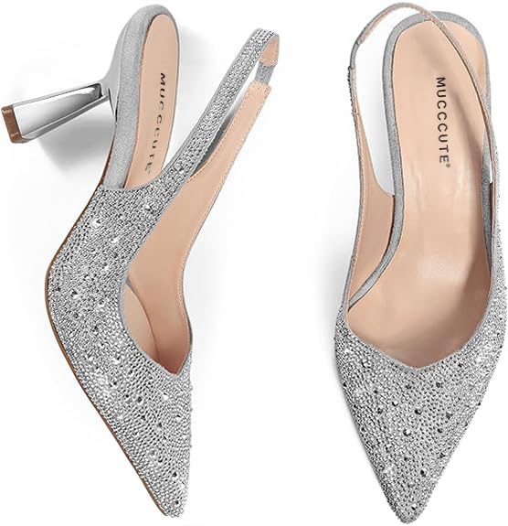 MUCCCUTE Kitten Heels for Women Slingback Heels Pointed Toe Pumps Rhinestones Pearls Stiletto Sparkly Bridal Sandals for Wedding Prom Dating2