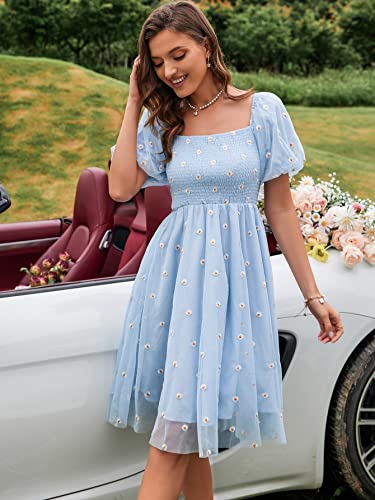 Women's 2023 Summer Short Dress Floral Embroidery Mesh Shirred Puff Sleeve Dress Casual