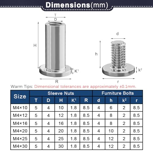 Drenky Connecting Screws M4 Stainless Steel Screws Sleeve Nuts 10 Sets Barrel Nuts Kit M4 X 20mm Hexagon Furniture Bolts Flat Hex Bolt for Bed Door - Image 2