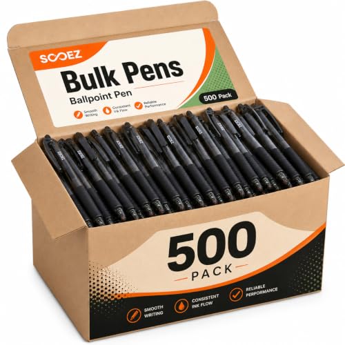 Image of Sooez 500 Pack Bulk Pens Ballpoint, Smooth Writing Pens with Soft Grip | Retractable Blue Ink Pens, Medium Point 1.0mm Pen for Journaling, Ballpoint Pen Office Supplies