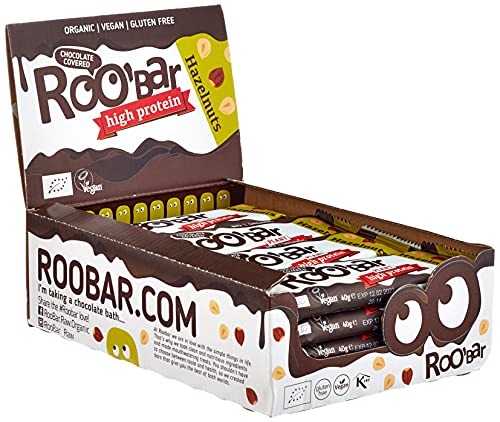 Roobar High Protein Haselnuss-Riegel mit Schokoladenüberzug - 100% Bio, Vegan, Fruchtriegel, milchfrei & glutenfrei, ohne raffinierten Zucker - 16 x 40g Riegel Cover