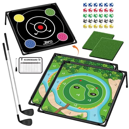 JIIFO Golf Chipping Game Set Double-Sided, (2 Pack) Golf Practice Target Mat with 30 Sticky Balls & 2 Golf Clubs- Portable Indoor-Outdoor Chipping Golf Gift for Men, Women & Family