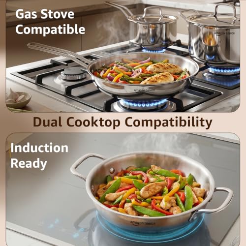 Image of Amazon Basics Triply Stainless Steel Cookware Set 7 Pcs - Deep Kadai(3.4L), Saucepan(1.7L), Casserole(1.8L), Frypan(1.2L) | With 3 Stainless Steel Lids | Dishwasher Safe | Induction and Gas Compatible
