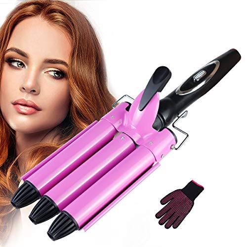 Hair Curling Iron, 3 Barrel Curling Iron Wand,Ceramic Tourmaline Triple Barrels, Dual Voltage Hair Crimper Temperature Adjustable 25mm Hair Crimper,Hair Waving Styling Tools for Women & Girls (Pink)