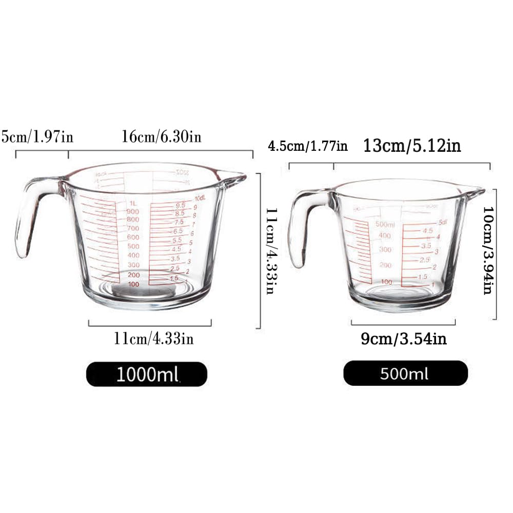 Lot de 2 tasses à mesurer transparentes avec poignée et bec verseur pour eau, lait, liquide, 1000 ml, 2 tailles