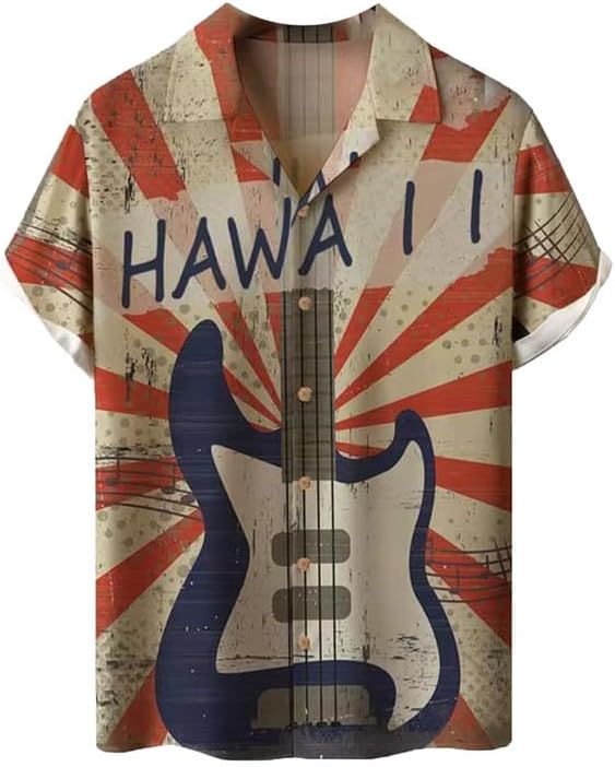 Camicia Uomo Maniche Corte Vintage Con Stampa Strumenti Musicali - Serie Guitar - Casual Da Spiaggia - 4