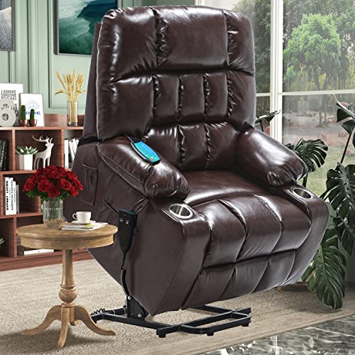 Pug258Y Lift Recliner For Big And Tall Seniors: High Density Foam Lift Chair With Heat And Vibration Massage, 2 Side Pockets, 2 Cup Holder, 2 Remote, Okin Motor, Breathable Leather - Reddish Brown #TOP5