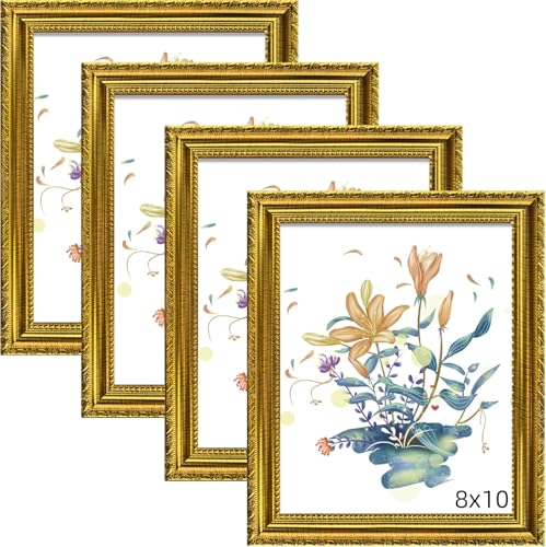 BESCRCL 8x10 Picture Frame Gold with Real Glass Ornate Vintage 8 x 10 Photo Frames for Wall and Tabletop Display Set of 4