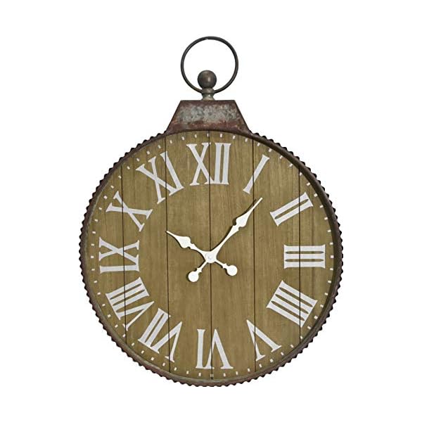 Oldtown 29" x 24" Hanging Ring Farmhouse Vintage Corrugated Zinc Metal & Wood Noiseless Rustic Wall Clock (Wood-Zinc, 24-inch)