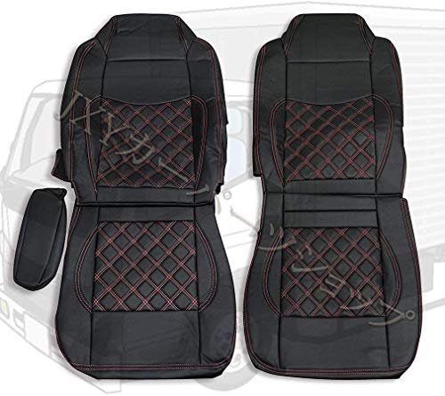 ファイブスターギガ シートカバー 助手席と運転席用 キルトタイプ ブラックレザ レッドステッチ