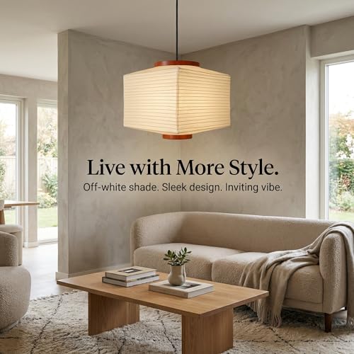 Image of Nogy Paper Lantern Lamp Japanese Style Pendant Light - Off White Rice Hanging Paper Lamp Shade with Cord (11.5 Hardwired Square (Ceiling))