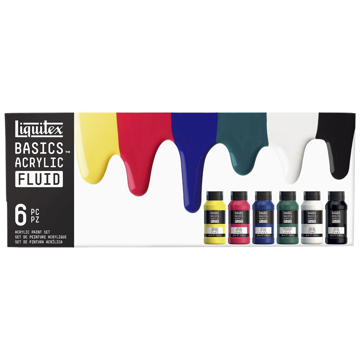 Liquitex 3699431 Basics Fluid - Set acylique - Peinture acrylique à consistance fluide, à séchage rapide, résistante à la lumière, imperméable, à base d'eau, 12 couleurs en flacons de 118 ml