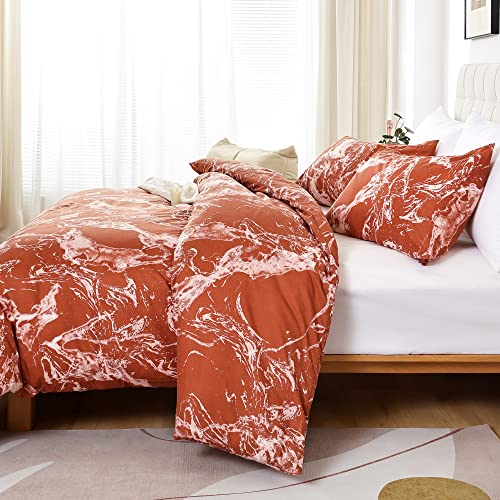Smoofy Marble Terracotta Comforter Set Queen, Marble Pattern Burnt Orange Bedding Set, Soft Fabric Brushed Microfiber Full Bed Fill Bedding Comforter Sets(1 Comforter, 2 Pillowcases) #TOP5