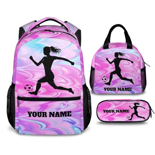 Custom Soccer Backpack, School Bag for Girls, 17 Inch Personalized Sports Bookbags for Kids, Set of 3 Schoolbag Matching Combo, Preschool Elementary Kindergarten Backpack
