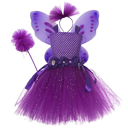 Vestido de princesa para niña con alas de hada y varita de Halloween 4 piezas