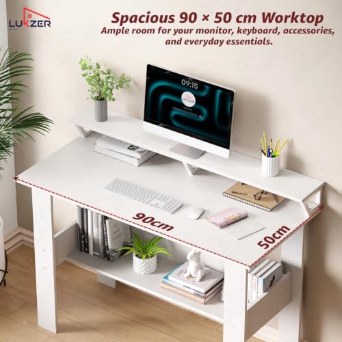 Image of Lukzer Study Table with Monitor Riser & Open Book Shelf (MST-004 /White) Engineered Wood Computer Table for Laptop, PC & Home Office, DIY Office Desk with Storage Organizer Shelf (90 x 86 x 50 cm)