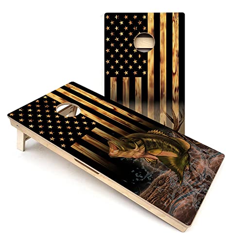 Skip's Garage American Flag Hidden Deer & Fish All-Weather Cornhole Boards - Includes (2) Boards (Resin Bags) + (2) Board Edge Lights
