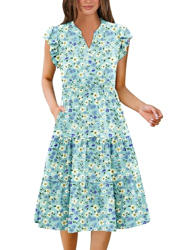 Image of ZEAGOO Womens Summer Casual Dresses Ruffle Sleeve V Neck Midi Dress Flowy Tiered Dress with Pockets Boho Sundresses