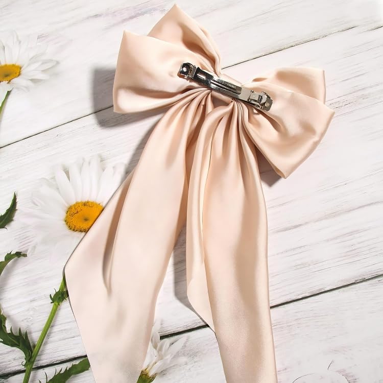 Image of FilterFashion Big Satin Layered Hair Bows for Women Girls 11.5 Inch Barrette Hair Clip Long Back Ribbon Bows French Style Hair Accessories (Onion Pink,Light Peach)