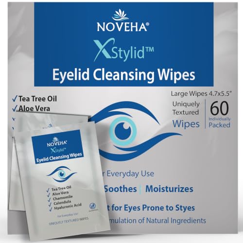 NOVEHA 60Pcs Stye Relief Eyelid & Lash Wipes with Tea Tree Oil, Hyaluronic Acid, Aloe Vera...