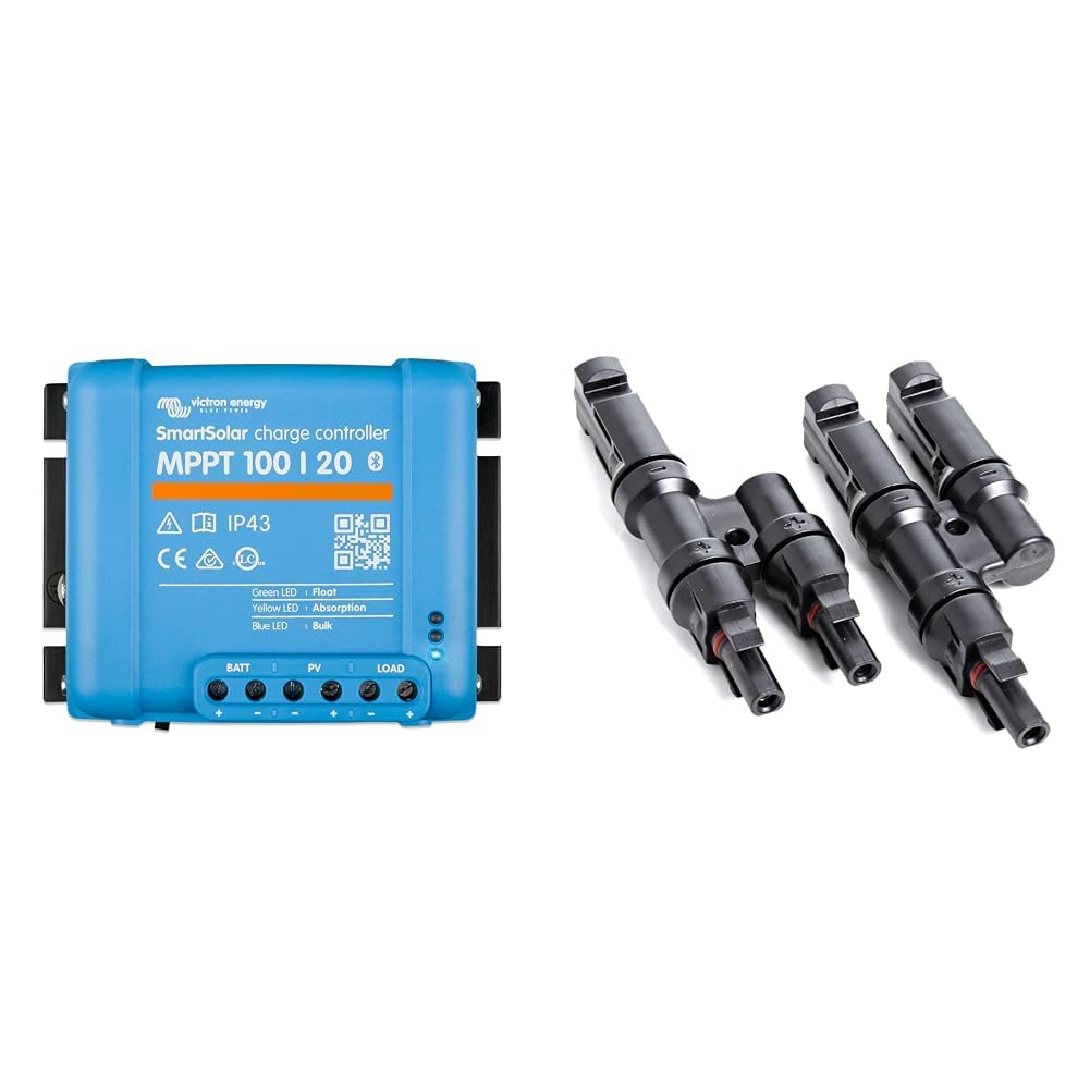 Victron Energy SmartSolar MPPT Laderegler 100/20-48 12V 24V 48V 20A Solarladeregler Bluetooth integriert SCC110020160R & Offgridtec® Y-Stecker - Abzweigbuchsen (Set)