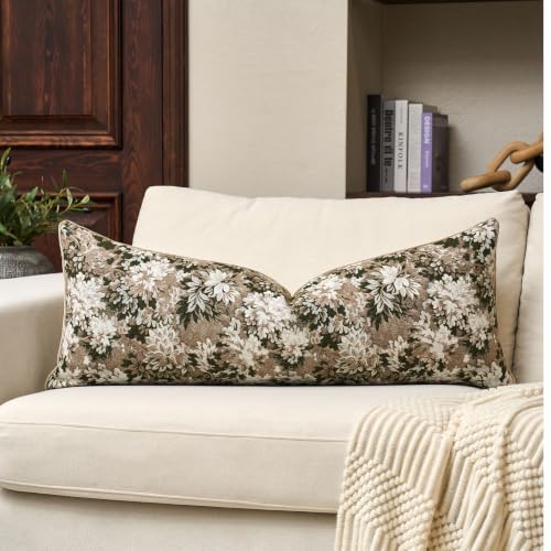 Yangest Neutral Floral Pillow Cover 14 x 36 Inches, Vintage Chenille Accent Throw Pillow Cover Soft Decorative Farmhouse Accent Couch Pillow Cover for Living Room Bedroom, Green