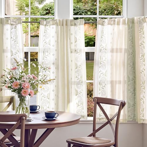 Image of jinchan Green Floral Linen Kitchen Tier Curtains 45 Inch Back Tab 2 Panels