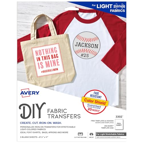 Avery Printable Stretchable Heat Transfer Paper for Light Fabrics, 8.5" x 11", Inkjet Printer, 5 Sheets (3302)